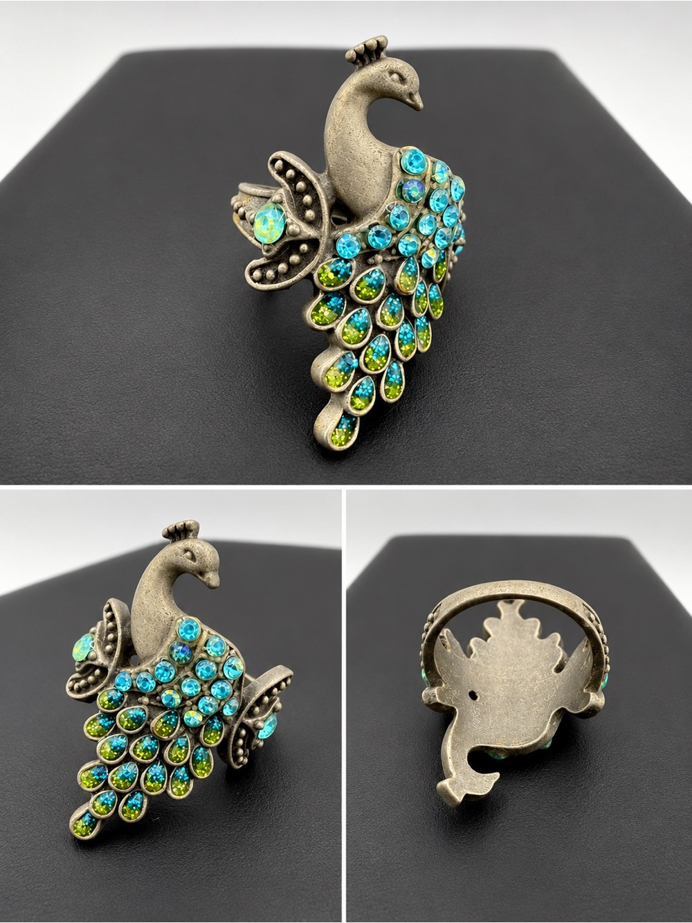 Antique-Style Peacock Ring in Blue & Green Crystals